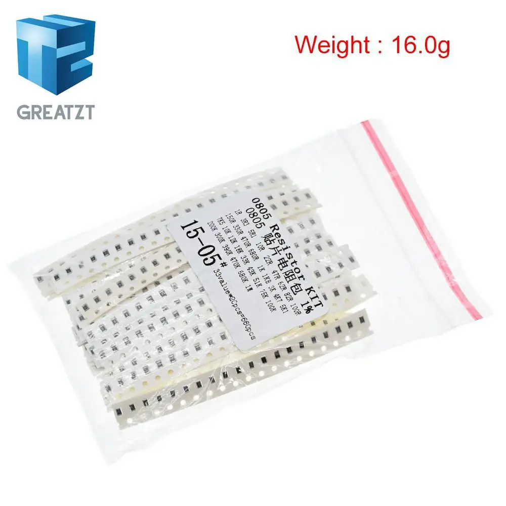 Набор резисторов GREATZT 0603 0805 1206 SMD разные комплекты 1 Ом 1М 1% 33 значения 20 шт. = 660