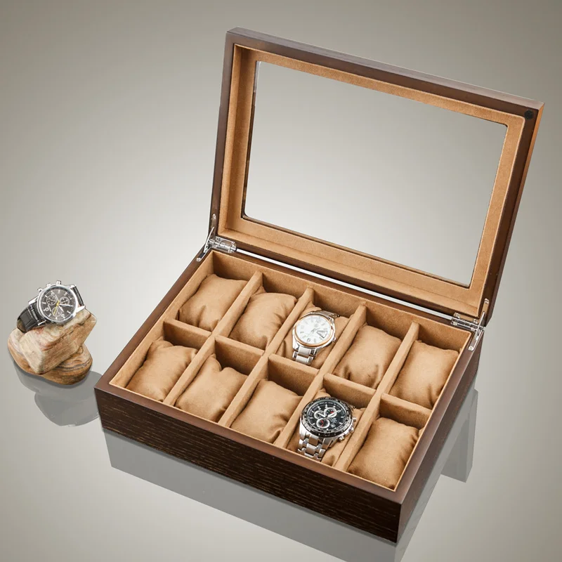 5 Slots Wood Watch Organizer With Glass Window Brown Watch Holder For Men Case Storage Box Fashion Showcase