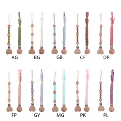 2 Pcs Handmade Cotton Woven DIY Pacifier Chain Beech Wood Clip Silicone Beads Pacifier Chain Baby Dummy Nipple Holder