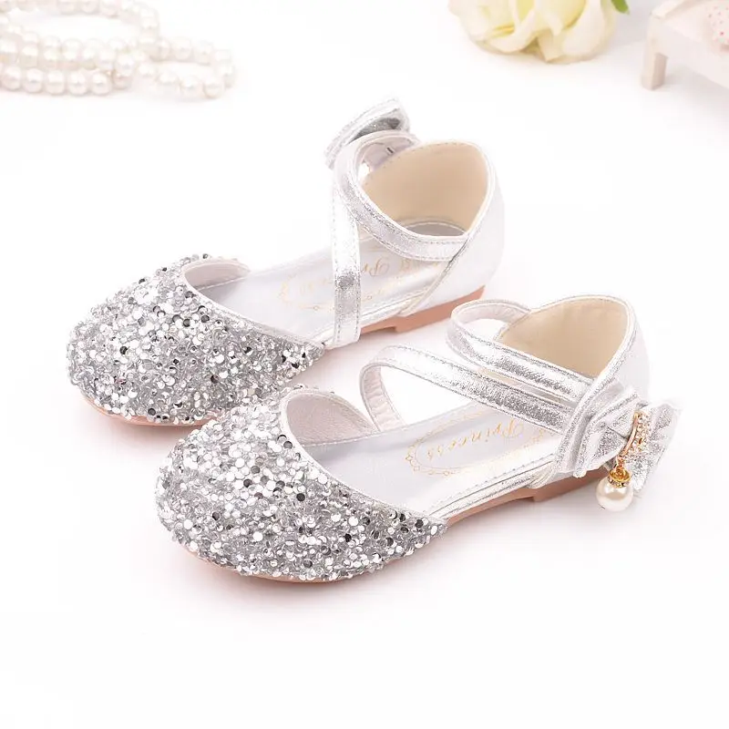 

New Style Children Silver Performance Leather Shoes Spring And Autumn Girls Crystal Flat Princess Shoes Korean-style Gold Flat H