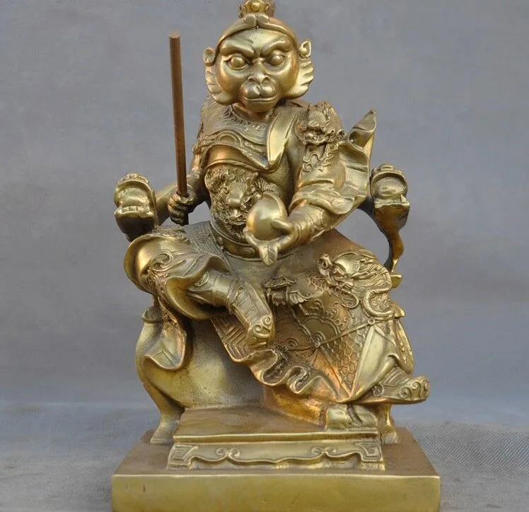 Старый китайский латунный солнце WuKong король обезьяны Золотой дубинка держать персик Статуя Будды
