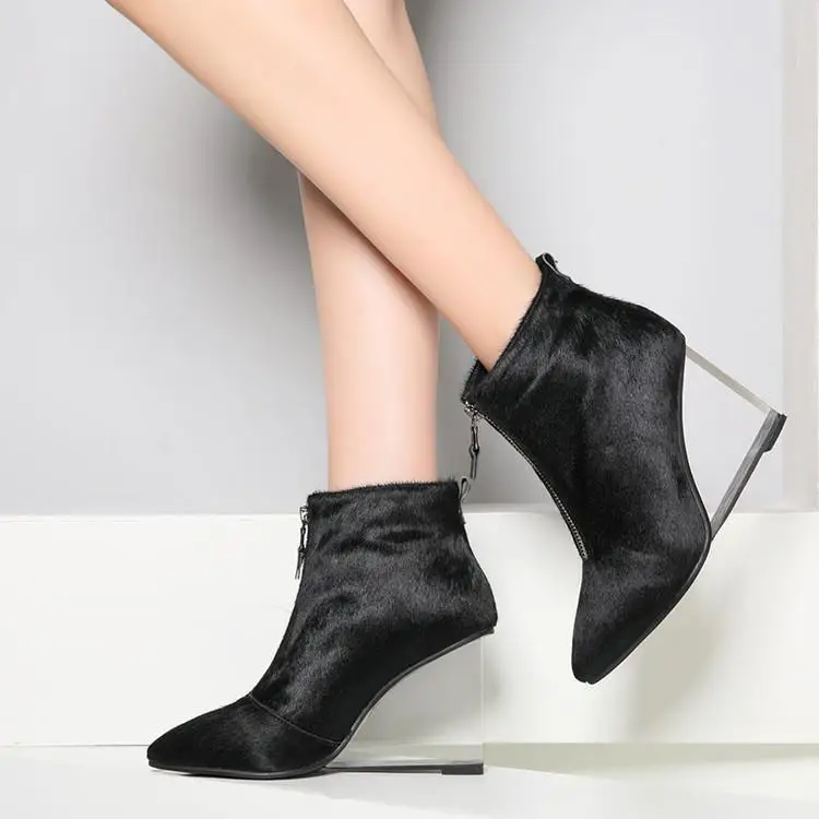 

Luxury Black Horse Fur Yellow Black Leather Ankle Boots For Women Poined Toe High Clear Wedges Heels Womens Shoes Zapatos Runway