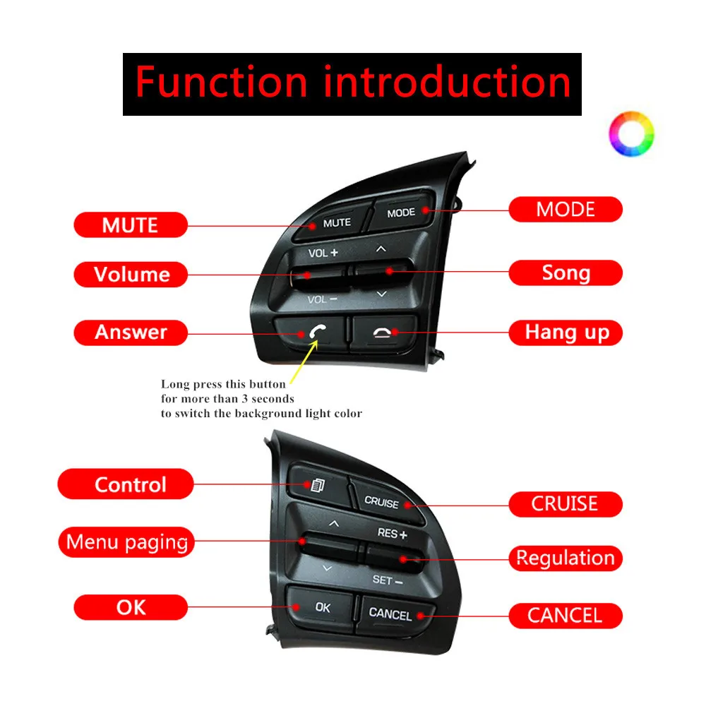 

7 color backlight free switching Multi Functional Steering Wheel Button For Hyundai Elantra 1.4T Steering Wheel Button