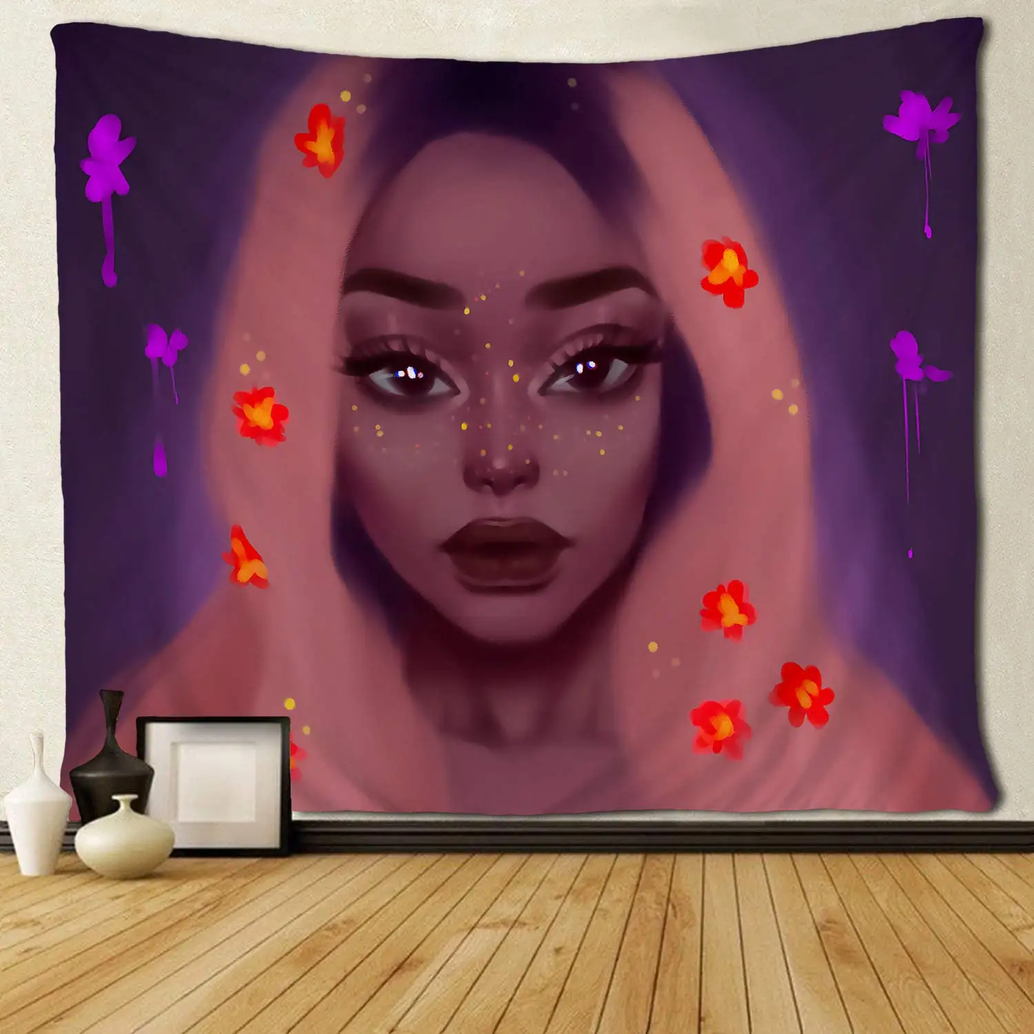 Beautiful Women Black Afro Head with Flower in Galaxy Wall Hanging Tapestries | Дом и сад