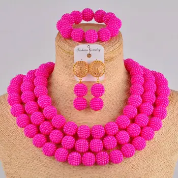

fuchsia pink imitation pearl beads african jewelry set nigerian wedding necklace for women FZZ03