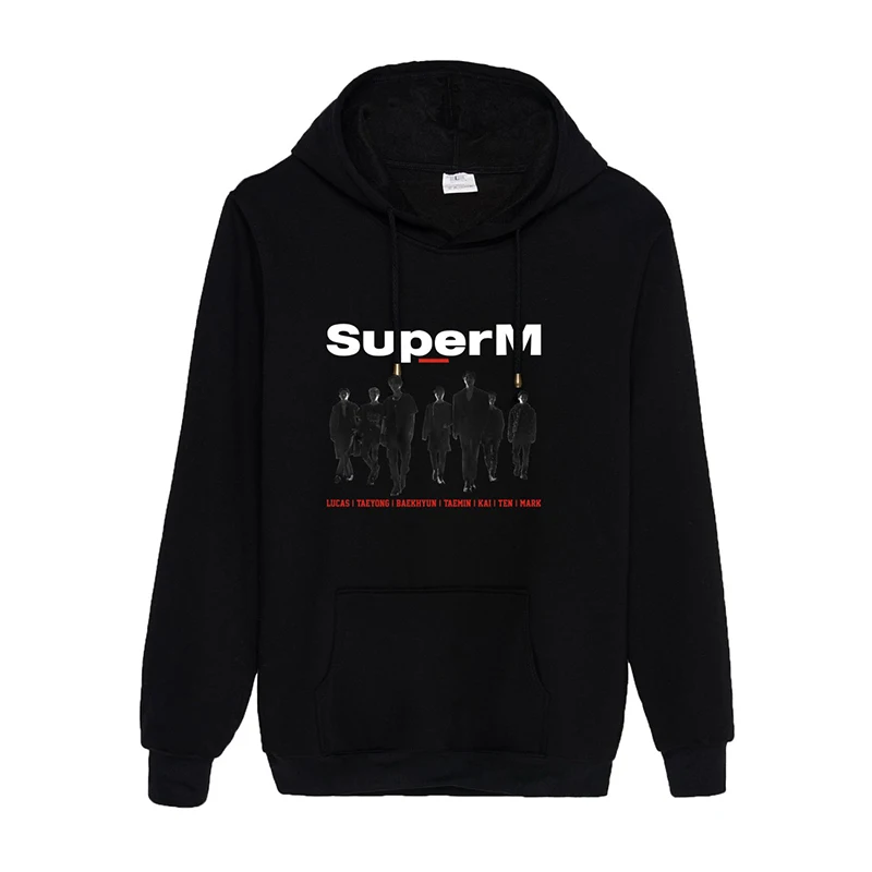 Черный K-pop SuperM BAEKHYUN KAI Taeyong Taemin Mark Lucas Ten толстые поддерживающие толстовки KPOP SuperM свитера большого размера пуловеры - Цвет: Черный