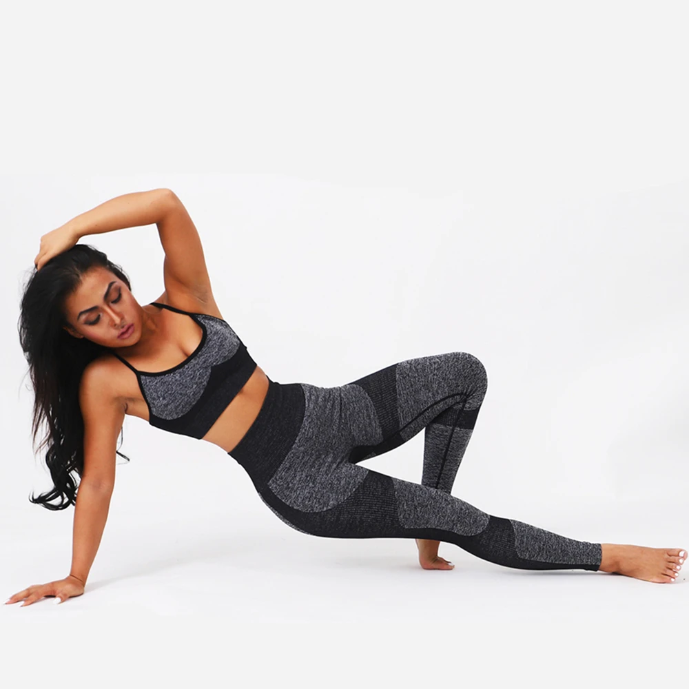 Dark gray (Sets) Спортивные комплекты для бега, Женская бесшовная одежда для йоги, бюстгальтер, леггинсы, комплект из 2 предметов, колготки, штаны с высокой талией, леггинсы для спортзала, фитнеса, спортивная одежда - Цвет: Dark gray (Sets)