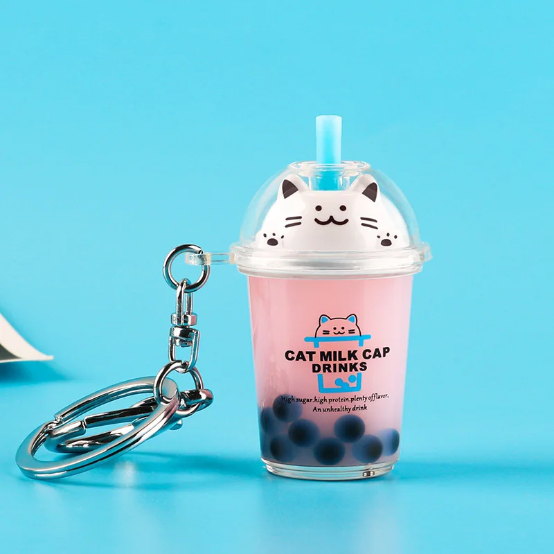 

Keychain Cartoon Cat Car Keychain Mini Milk Tea Cup Liquid Crystal Quicksand Sequin Key Ring Bag Pendant for Women Fun Keychain