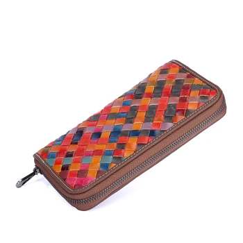 

ZDFURS*Woven Colorful Women Purses Long Zipper Genuine Leather Ladies Clutch Cellphone Bags High Quality Card Holder