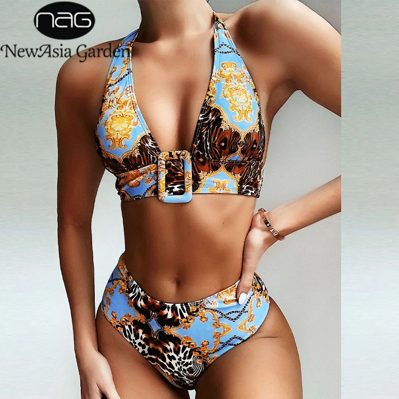 Бикини NewAsia с высокой талией и принтом 2020 халтер бикини сексуальный купальник