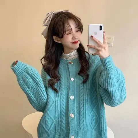 Pink Cardigan Sweaters Gentle Sweet Buttons Twist Jumpers Japanese Style Temperament Design Glutinous Knitwear Versatile