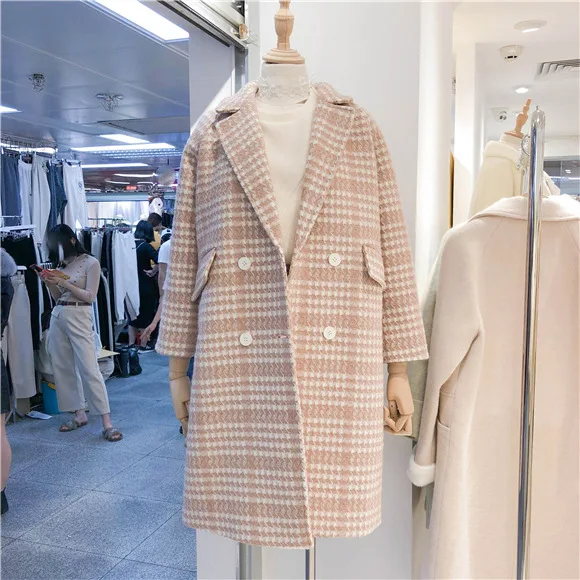 Южная Корея Ulzzang зима стиль клетчатое шерстяное пальто женские средней длины толстое популярное модное пальто