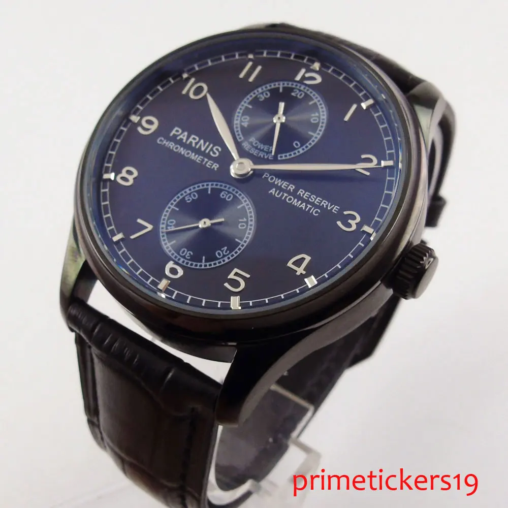 

PVD coated case Automatic movement mens watch 43mm PARNIS black dial silver hands black leather strap power reserve