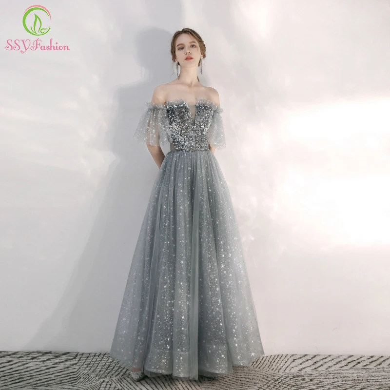 SSYFashion Новое Элегантное серое вечернее платье для банкета с вырезом лодочкой