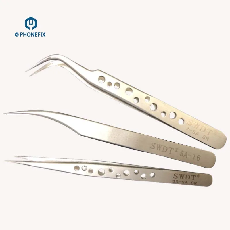 

PHONEFIX Antistatic Stainless Steel Precision Grade Curved Head Tweezers for PCB Link jump Wire Mobile Phone Motherboard Repair