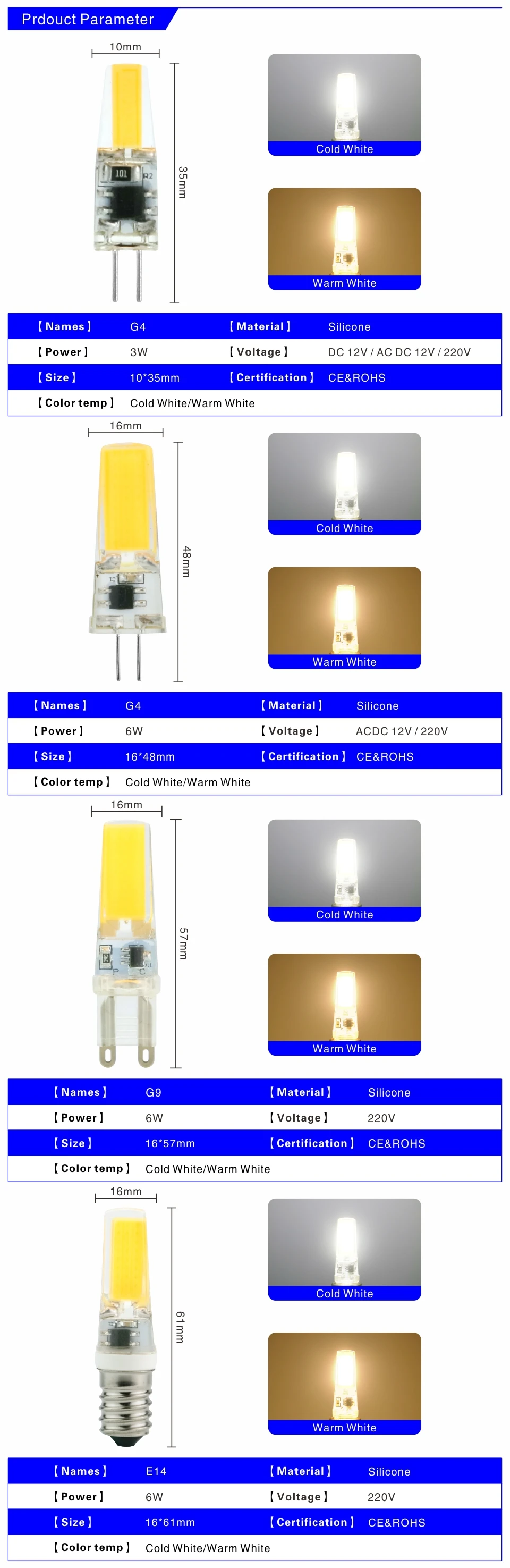 COB Spotlight, candelabro, G4, G9, E14, 3W,