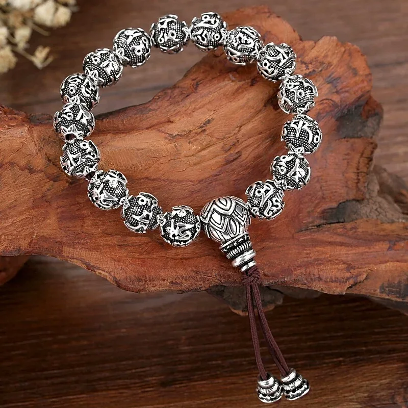 

Mantra Bracelets S925 Fine Silver Retro Buddha Beads Bracelets Lucky Thai Silver round Beads Men And Women Celebrity Style Hand