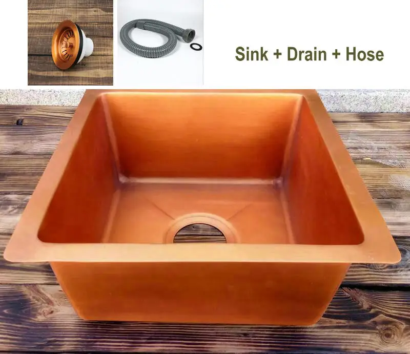 40x40x18 см медная одинарная миска кухонная раковина бар раковина - Цвет: Sink With Drain Hose