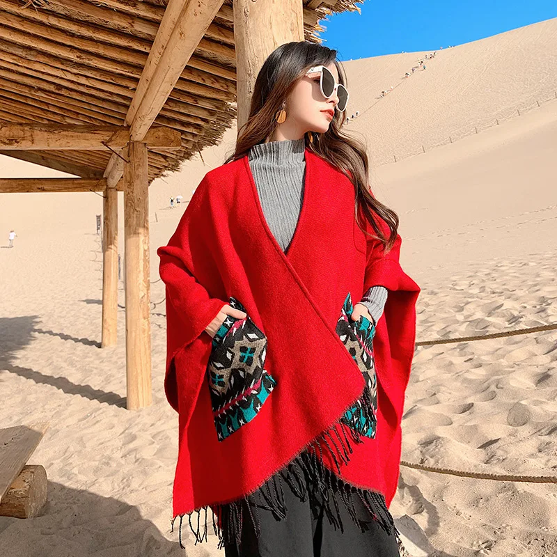 Autumn Winter Scarf Poncho Imitation Cashmere Thick Warm Tassel Pocket Cloak Oversized Travel Shawl Mantle Women Scarves