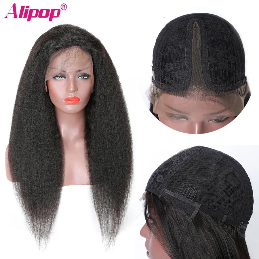 

T Part Lace Front Wig Brazilian Kinky Straight Remy Human Hair wigs Pre Plucked Middle Part Wig 150% Density Lace Wig ALIPOP