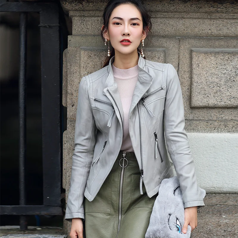 

Geniune Leather Jacket Women Sheepskin Leather Plus Size Jacket Short Motocycle Outwear Jaqueta De Couro 6661 MF169