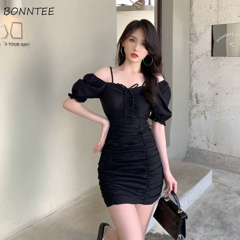Vestidos de Fiesta ajustados para mujer, moda Sexy para vacaciones, manga abombada que combina con todo, informal, estudiantes, estilo coreano, - AliExpress