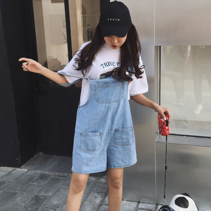Комбинезоны женские Kawaii Ulzzang однотонные летние корейский стиль большой карман свободные джинсовые женские Студенческие Брюки с высокой талией