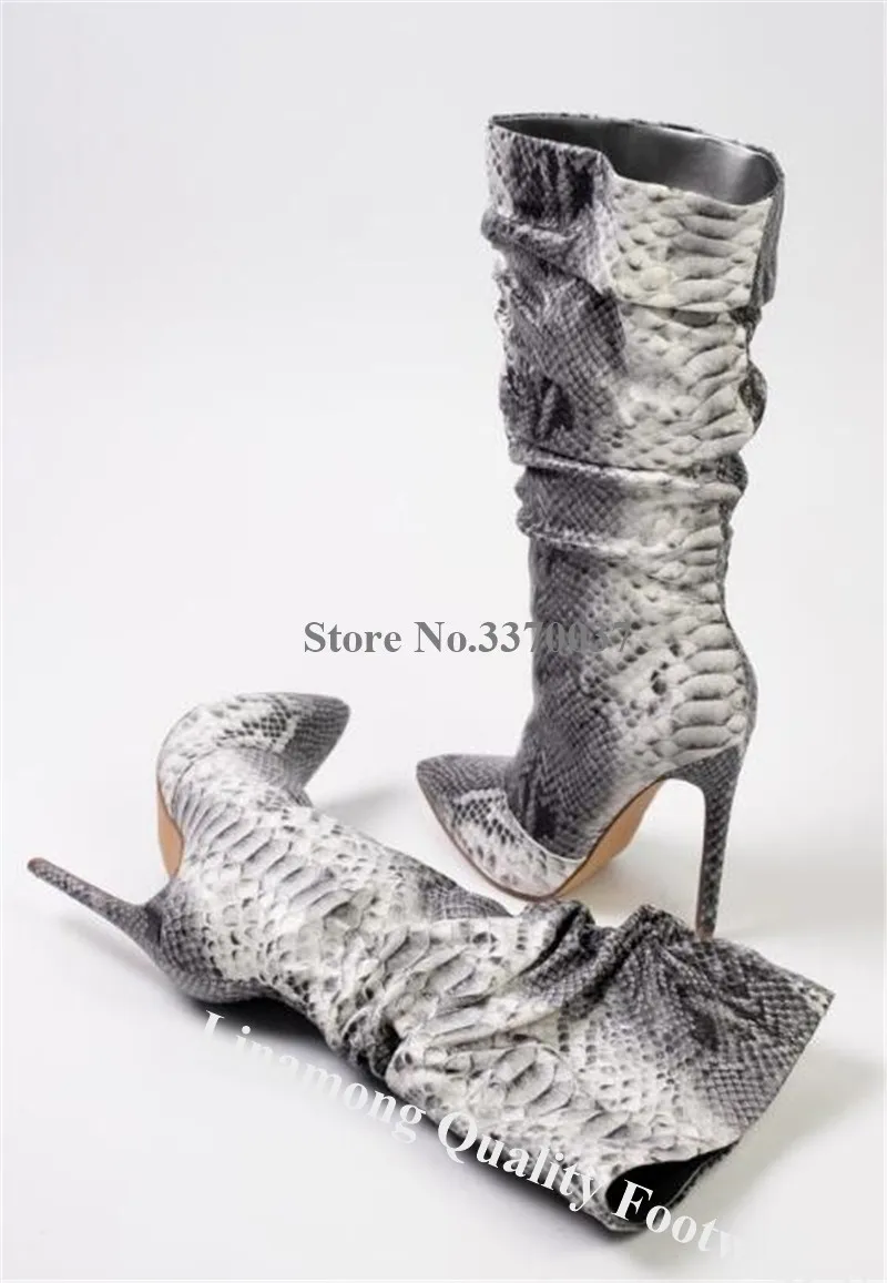 New Fashion Women Pointed Toe Knee High Snake Leather Stiletto Heel Boots Pleated Long High Heel Boots Evening Dress Shoes