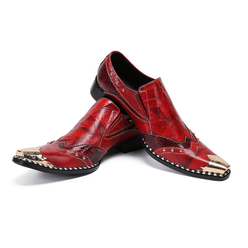 Red Men Genuine Leather Shoes Pointed Toe Classic Style Slip On Wedding Business Brand Shoes Plus Size 46