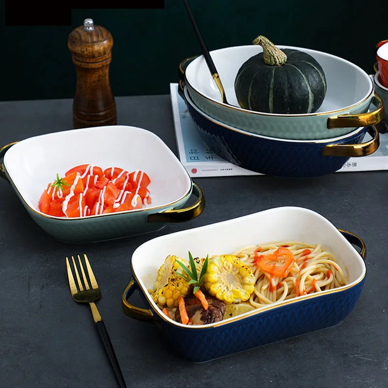 

Europe Style Ceramic Baking Pan Golden Side Baking Tray High Temperature Resistance Meat Fruit Salad Plate Kitchen Bableware