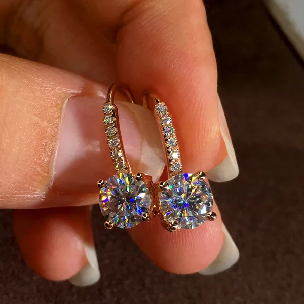 

Cute Female Small Round Zircon Stone Drop Earrings Rose Gold Hanging Earrings Simple Bride Wedding Earrings For Women