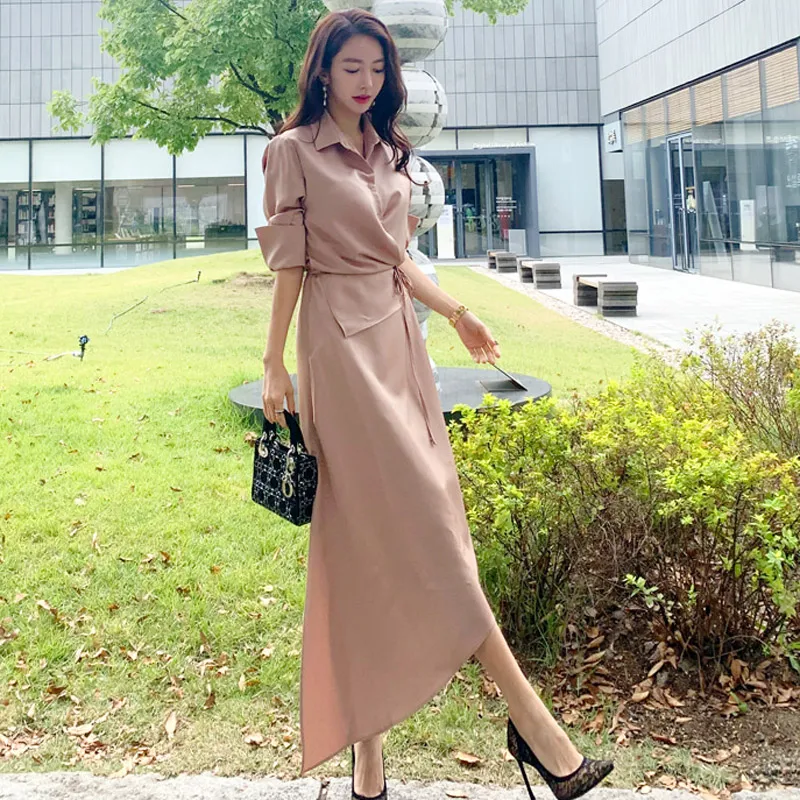 Розовый JSXDHK High Quality New Arrival Shirt Long Dress Elegant Fall Women Pink Turn Down Collar Lace Up Fashion Split Office OL Dress - Цвет: Розовый