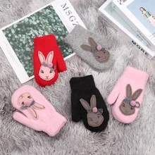 1 пара, Детские Зимние перчатки из кролика с героями мультфильмов, милые толстые теплые перчатки для девочек, милые шерстяные варежки с кроличьими волосами