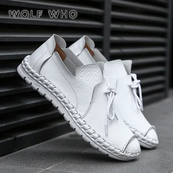 

WOLF WHO Plus Size 38-50 Men Shoes Genuine Leather Breathable Male Loafers white Man Driving Casual Shoes Slip On krasovki W-014