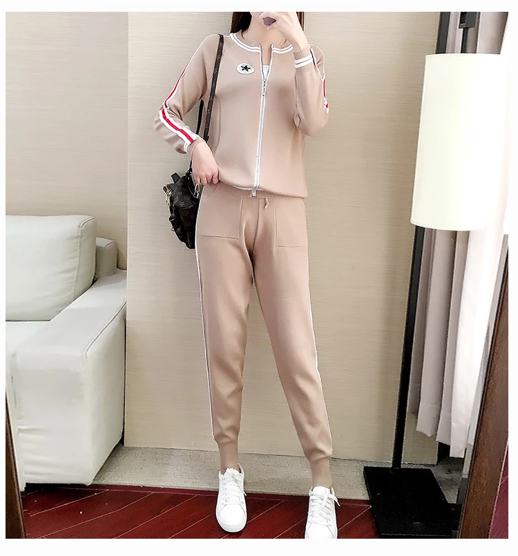 Autumn Winter New Pattern Women Fashion Round Collar Long Sleeves Loose Knitting Cardigan Top+Leisure Trousers motion Set