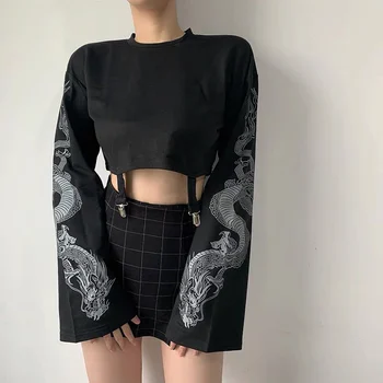 

Street trend Chinese trumpet sleeve top women's loose short dragon Print Top Black