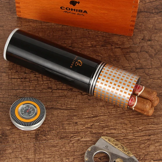 COHIBA трубки на открытом воздухе для путешествий, сигара футляр для коробки хранения сигарет коробка из алюминиевого сплава аксессуары для сигар с хьюмидор увлажнитель гигрометр - Цвет: GALINER Black