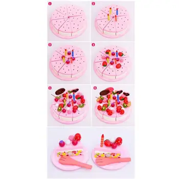 

Kids Pretend Play Food, Wooden Cutting Birthday Party Cake Toys Set DXAD