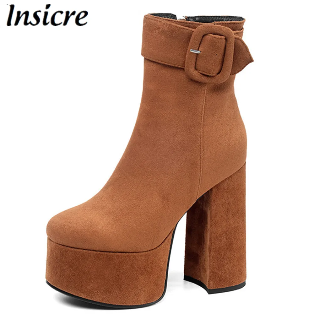 

Insicre Women Ankle Boots Supper High Heel 14 cm Platform Flock Zipper Buckle Big Size 34-43 2019 Ladies Winter Shoes Round Toe