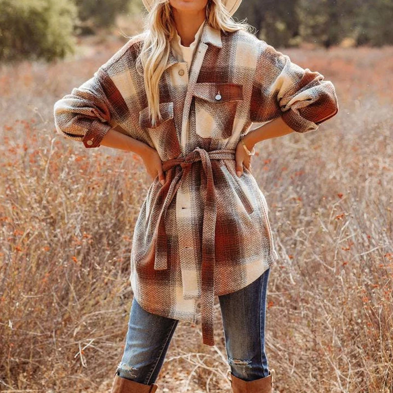 

Autumn Lady Midi Belt Shirt Outerwears Winter Vintage Plaid Printed Women Long Sleeve Coats Fashion Lapel Single Breasted Jacket