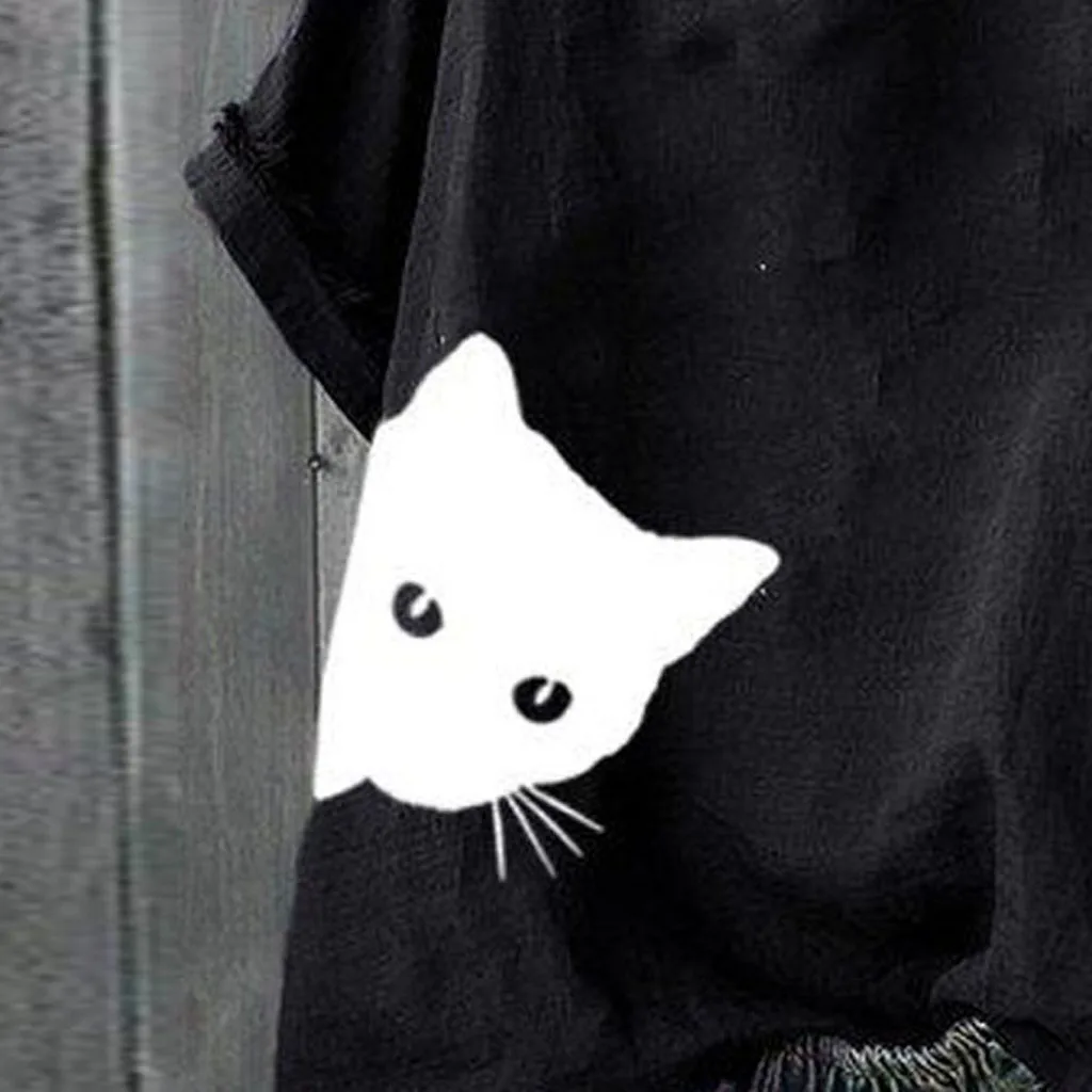 S-4XL размера плюс, Женская туника, рубашка с милым рисунком кота, Повседневная Блузка с круглым вырезом и коротким рукавом, модная летняя блузка, blusas mujer de moda