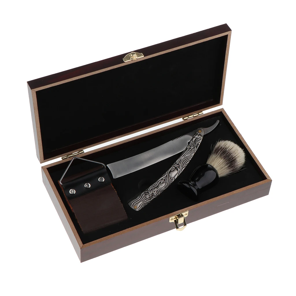 Professional Man Face Beard Cleaning Kit Men's Shaving Wooden Box Kit Shave Set Straight Razors Brush Sharpening Strop