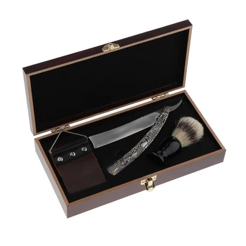 Professional Man Face Beard Cleaning Kit Men's Shaving Wooden Box Kit Shave Set Straight Razors Brush Sharpening Strop 1