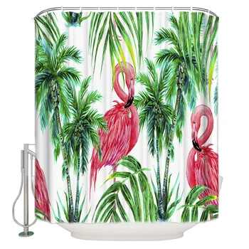 

Watercolor Pink Flamingos Shower Curtain Bathroom Curtain Polyester Fabric Bath Curtain Washable Home Bath Decor