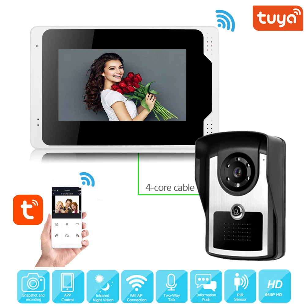 Видеодомофон Tuya Smart Wi-Fi 7-дюймовый проводной дверной звонок с камерой 1080P |