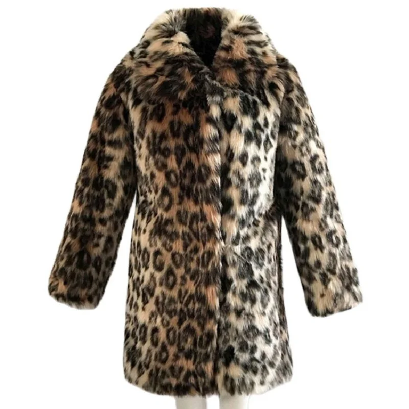 

S-6XL New Fashion Winter Clothing Women's Long Leopard Print Artificial Fur Overcoat Winter Thickening Warm Trench Coat