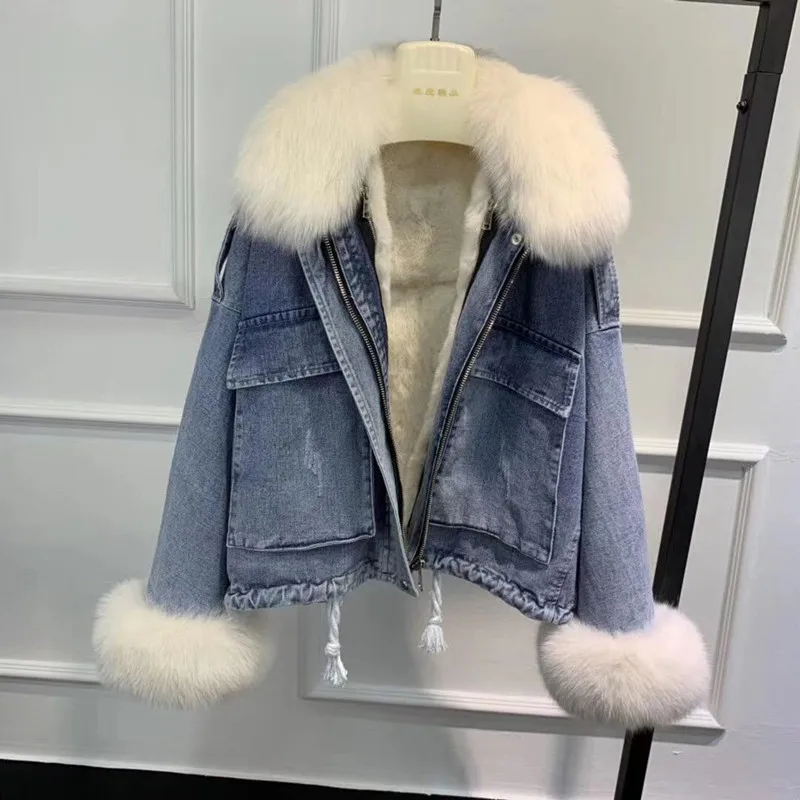 blue coat beige fur Женское меховое пальто, парки из натурального меха, куртка с воротником из натурального меха лисы и манжетами, парка, деним с мехом, верхняя одежда из кроличьего меха, подкладка из русского меха - Цвет: blue coat beige fur