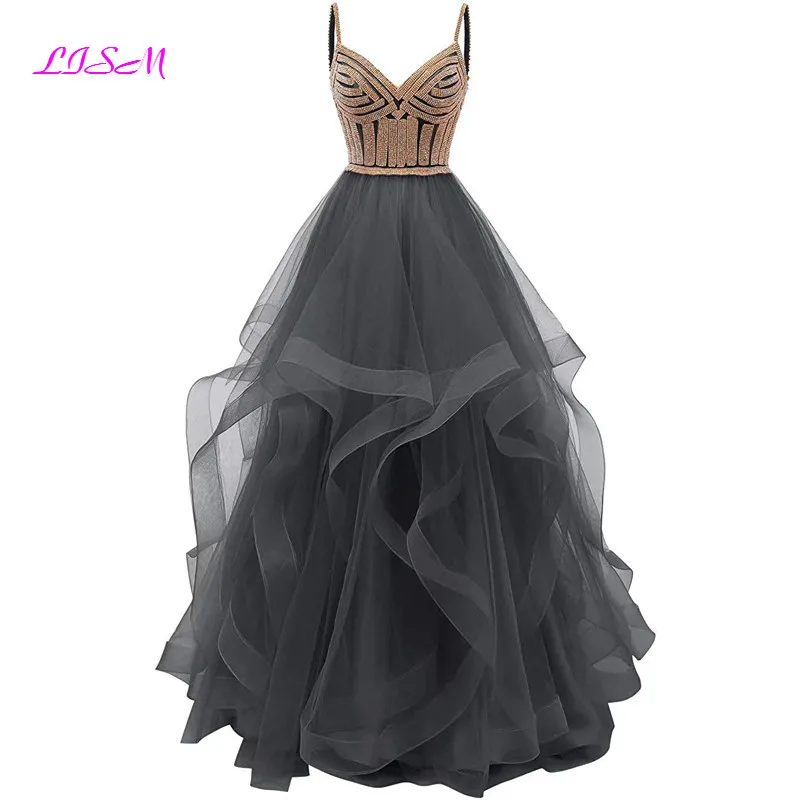 Tulle Crystal Beaded Long Prom Dresses Tiered Formal Evening Dress Spaghetti Straps Sweetheart Ball Gown Princess Party Gowns Prom Dresses Prom Dresses