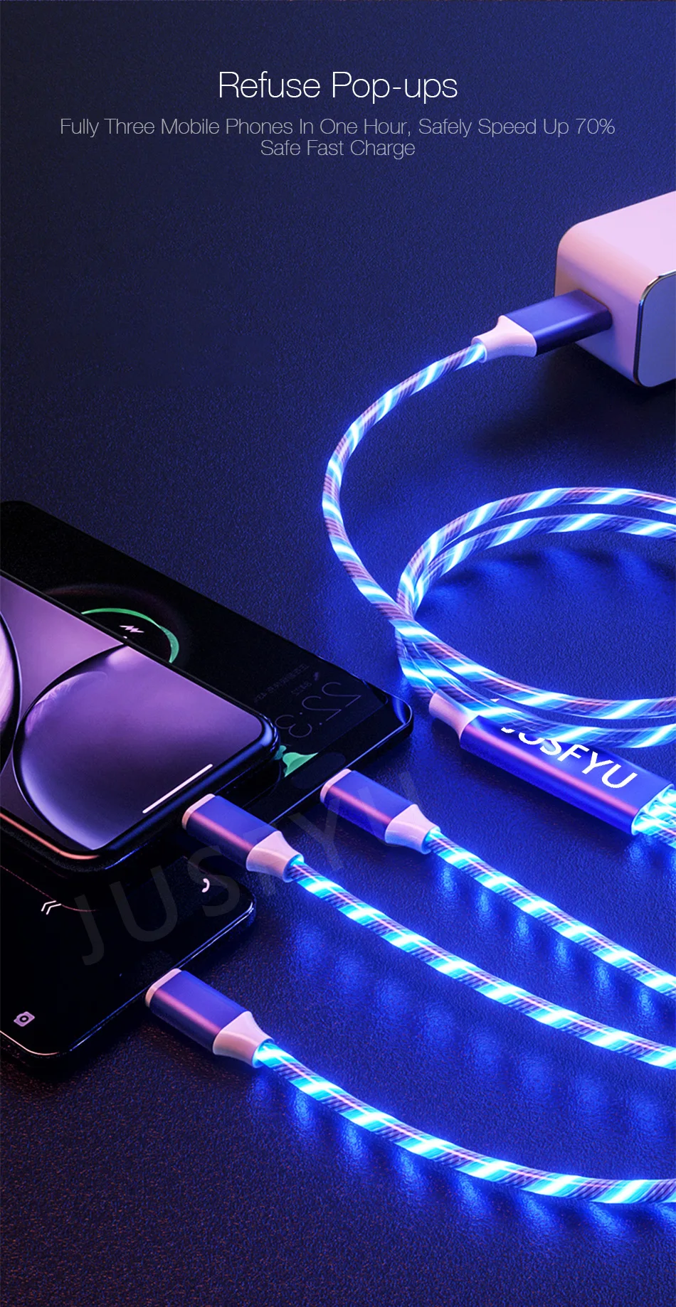 3 в 1 usb-кабель светодиодный светящийся течет Быстрая зарядка для iPhone 7 samsung huawei Тип C/Micro USB/8 Pin зарядного устройства для мобильного телефона шнур провод