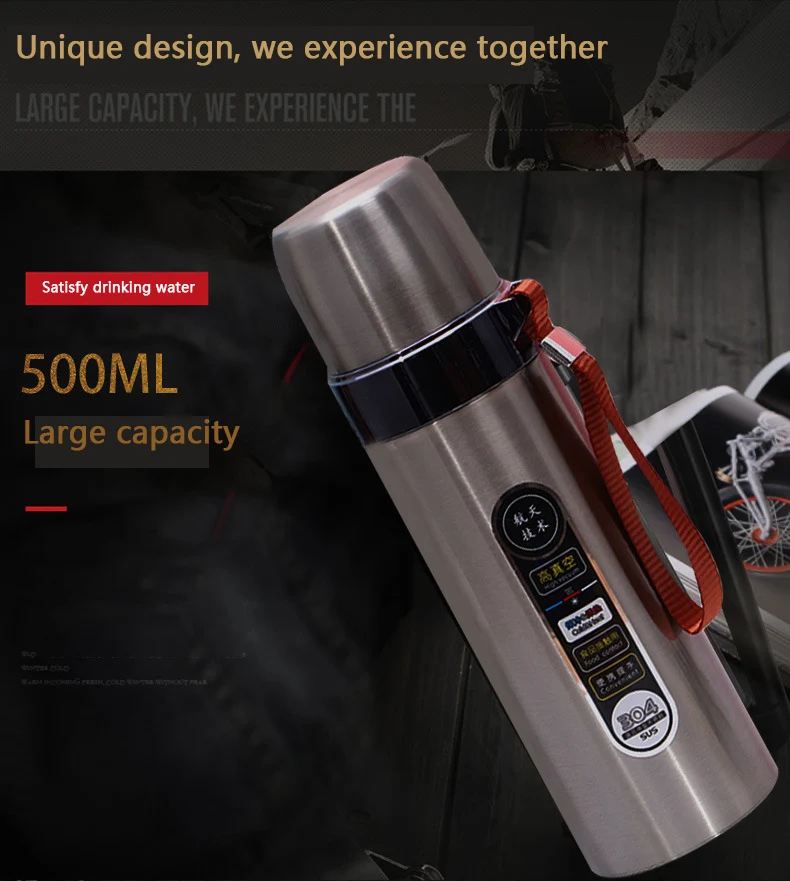 1pcs Large capacity 304 Stainless steel Heat preservation kettle 500ml Outdoor sports Travel Water cup Car portable vacuum flask